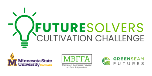 The FutureSolvers Cultivation Challenge logo with an illustrated green light bulb outline and sponsor logos from Minnesota State University Mankato, Mainstreet Businesses Focused on Food & Agriculture (MBFFA), and GreenSeam Futures