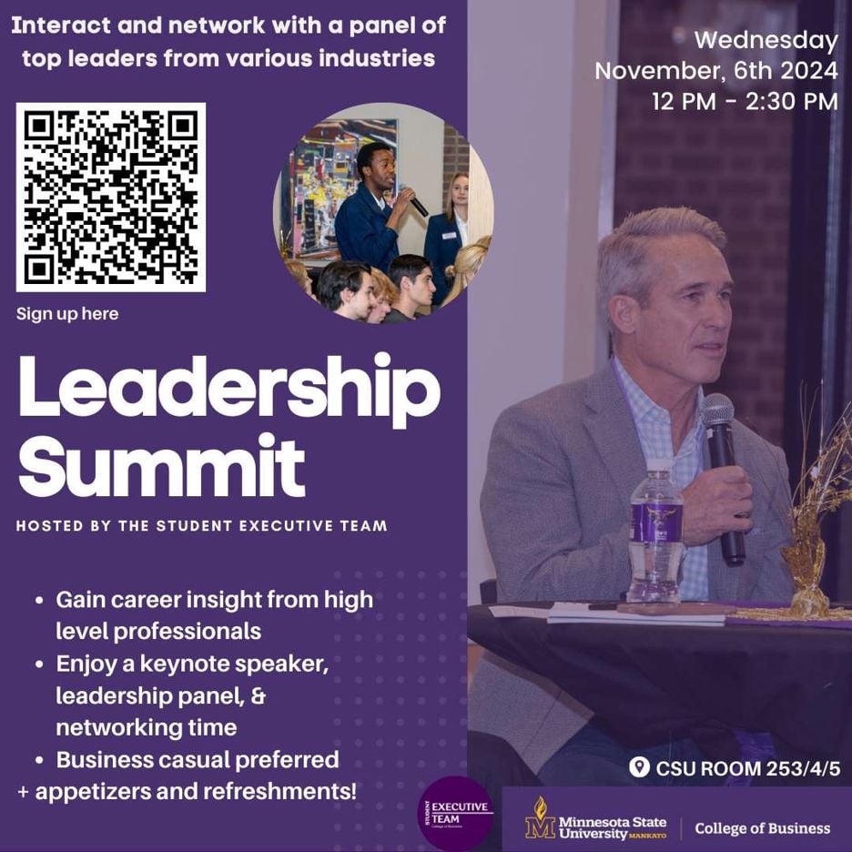 The 2024 Student Executive Team Leadership Summit flyer Wednesday, November 6 at 12:00pm - 2:30pm in CSU 253/4/5