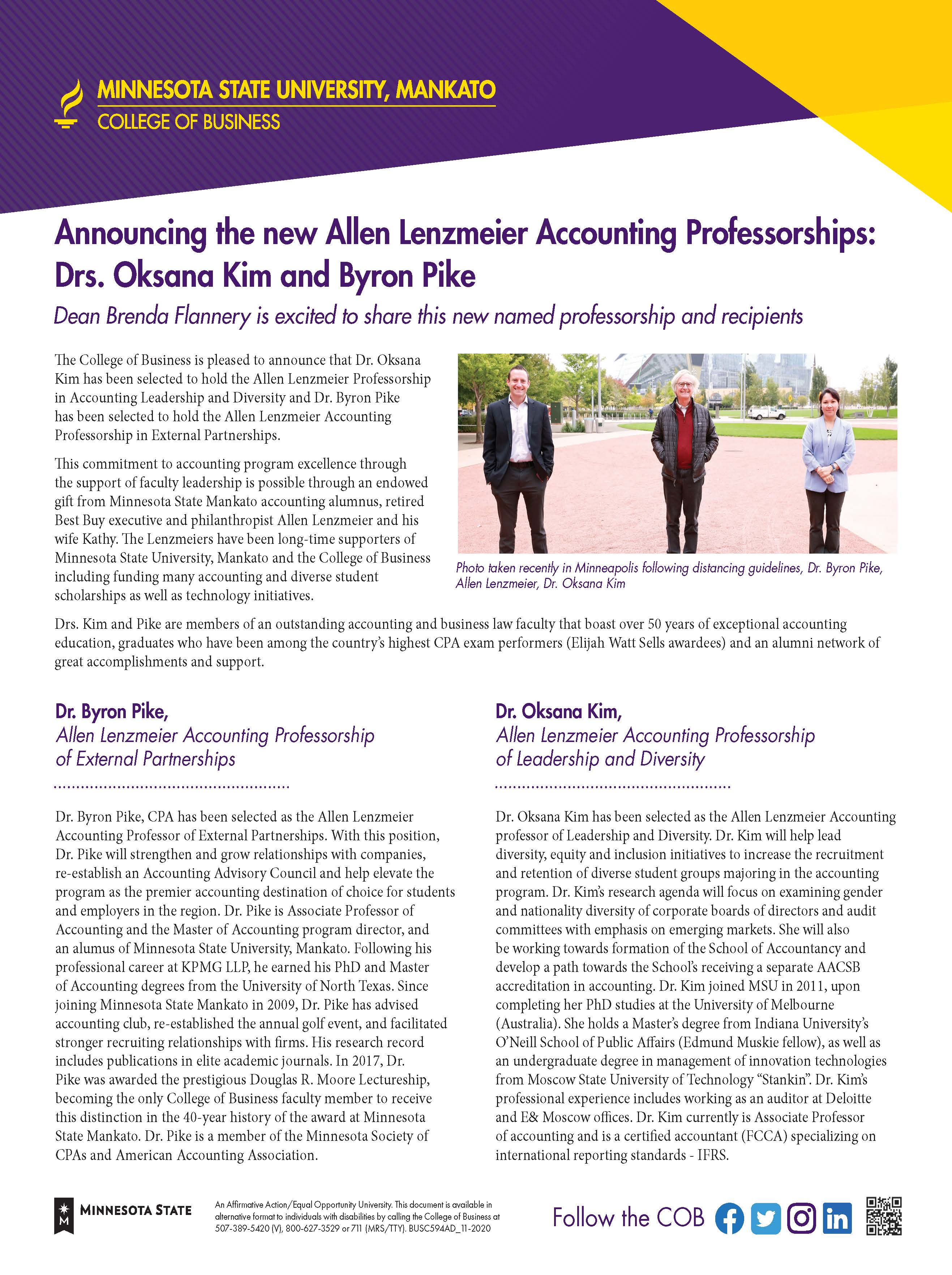 Announcing the new Allen Lenzmeier Accounting Professorships- MN Valley Business Magazine December 2020