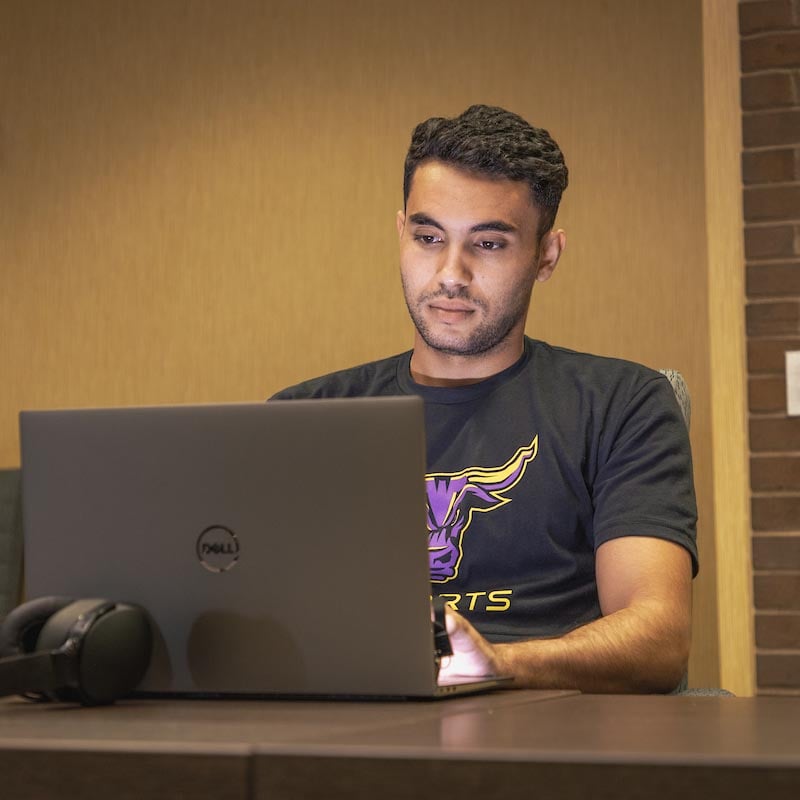 student working on laptop alone