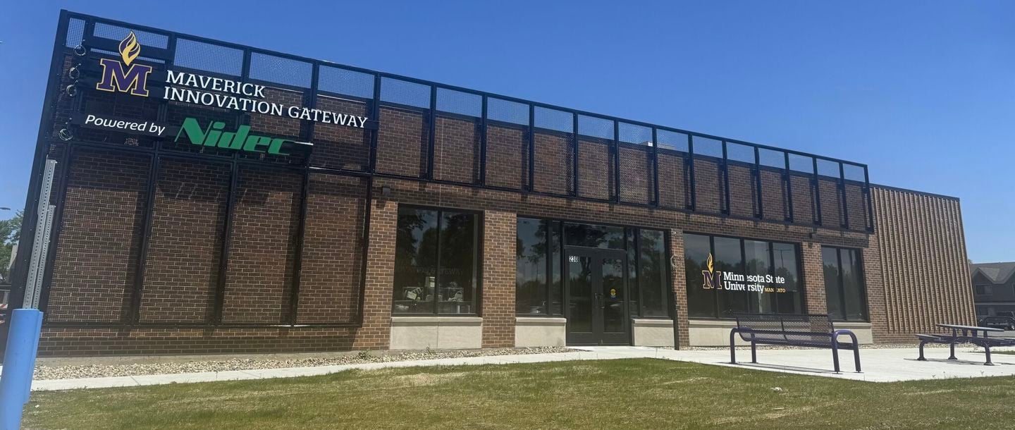 Photo of the new Maverick Innovation Gateway building near campus