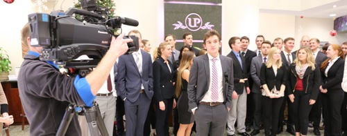 College of Business students posing for a photo while visiting the United Prairie Bank