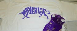 a purple logo on a white shirt
