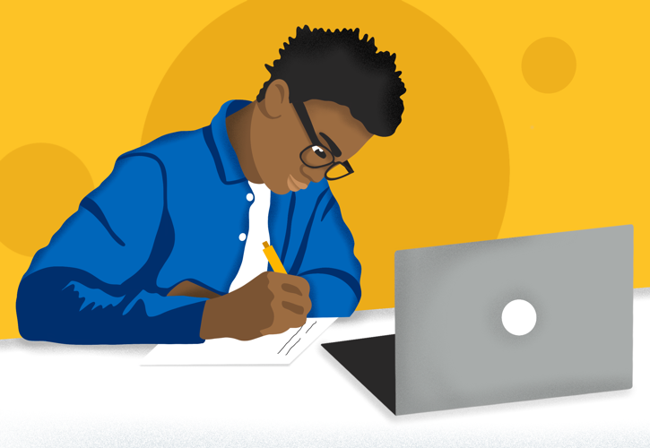 An illustration image of a student sitting at a desk writing and using a laptop